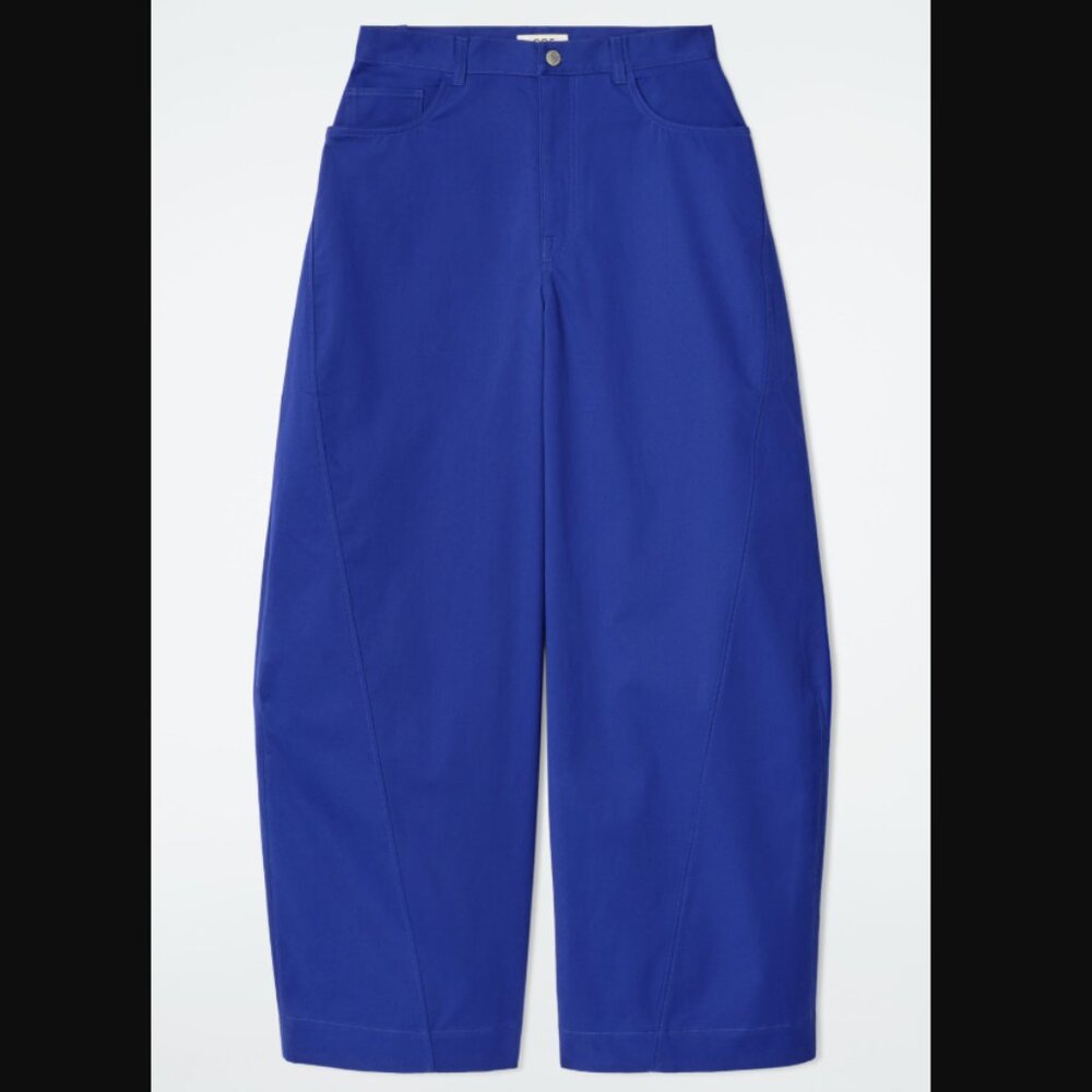 COS deconstructed barrel leg cotton pants in vibrant blue